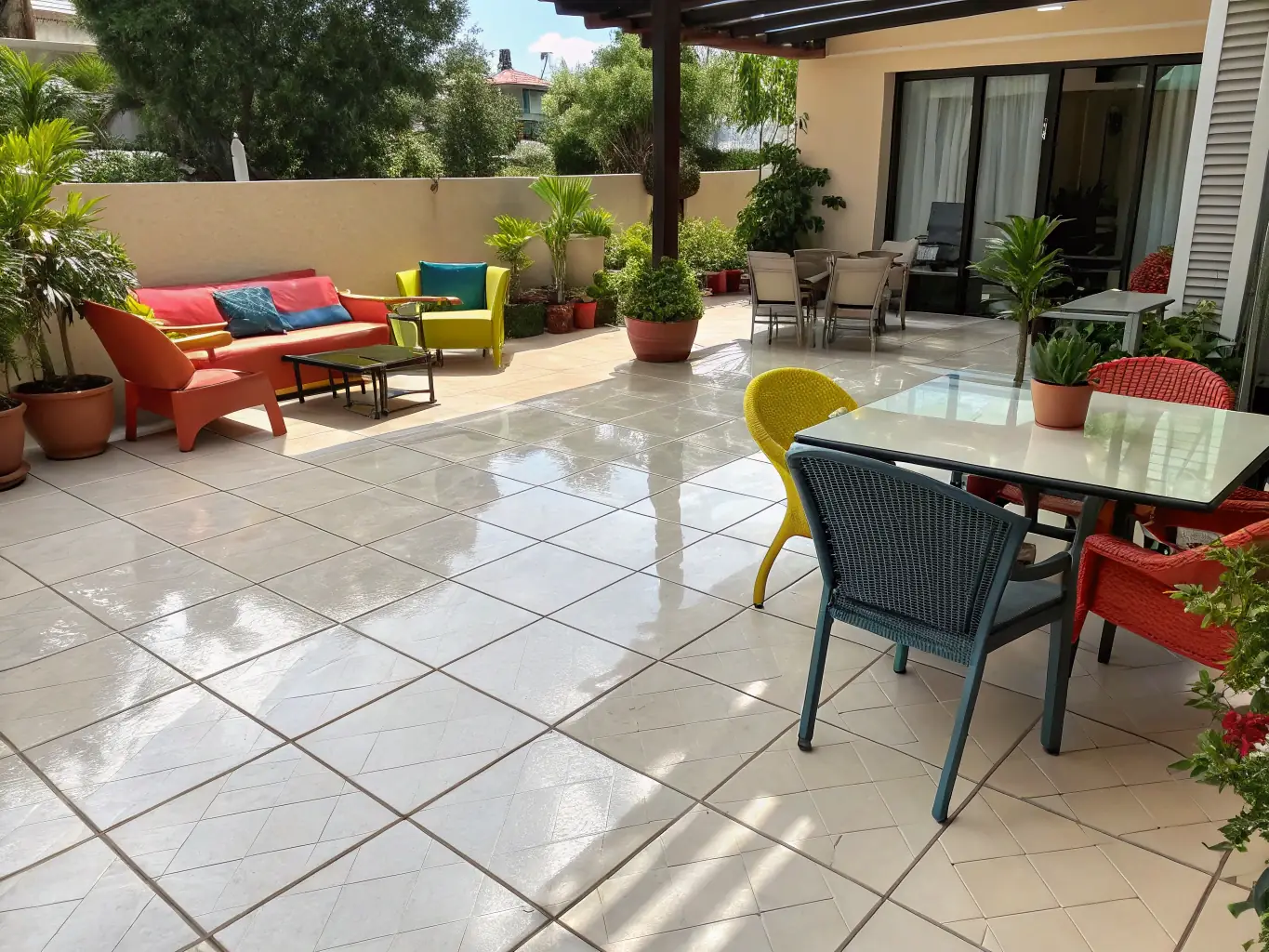 A clean, freshly pressure-washed patio with outdoor furniture arranged neatly, showcasing the patio's restored appearance.