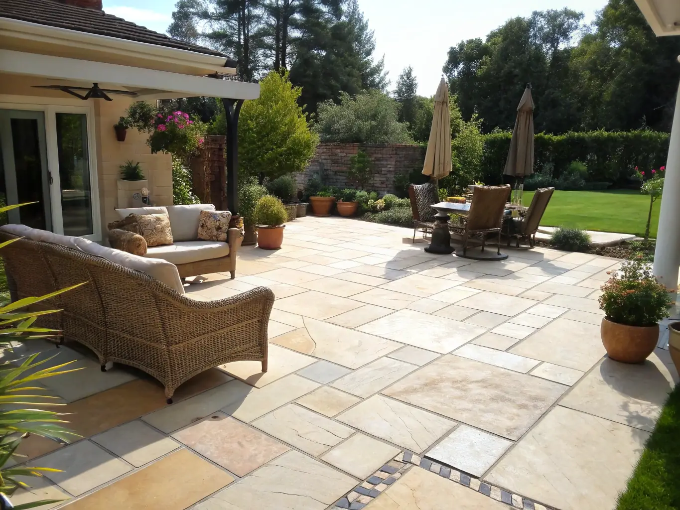 A high-resolution image showcasing a freshly pressure-washed patio, highlighting the clean and vibrant pavers with outdoor furniture arranged neatly. The scene should evoke a sense of relaxation and outdoor enjoyment.