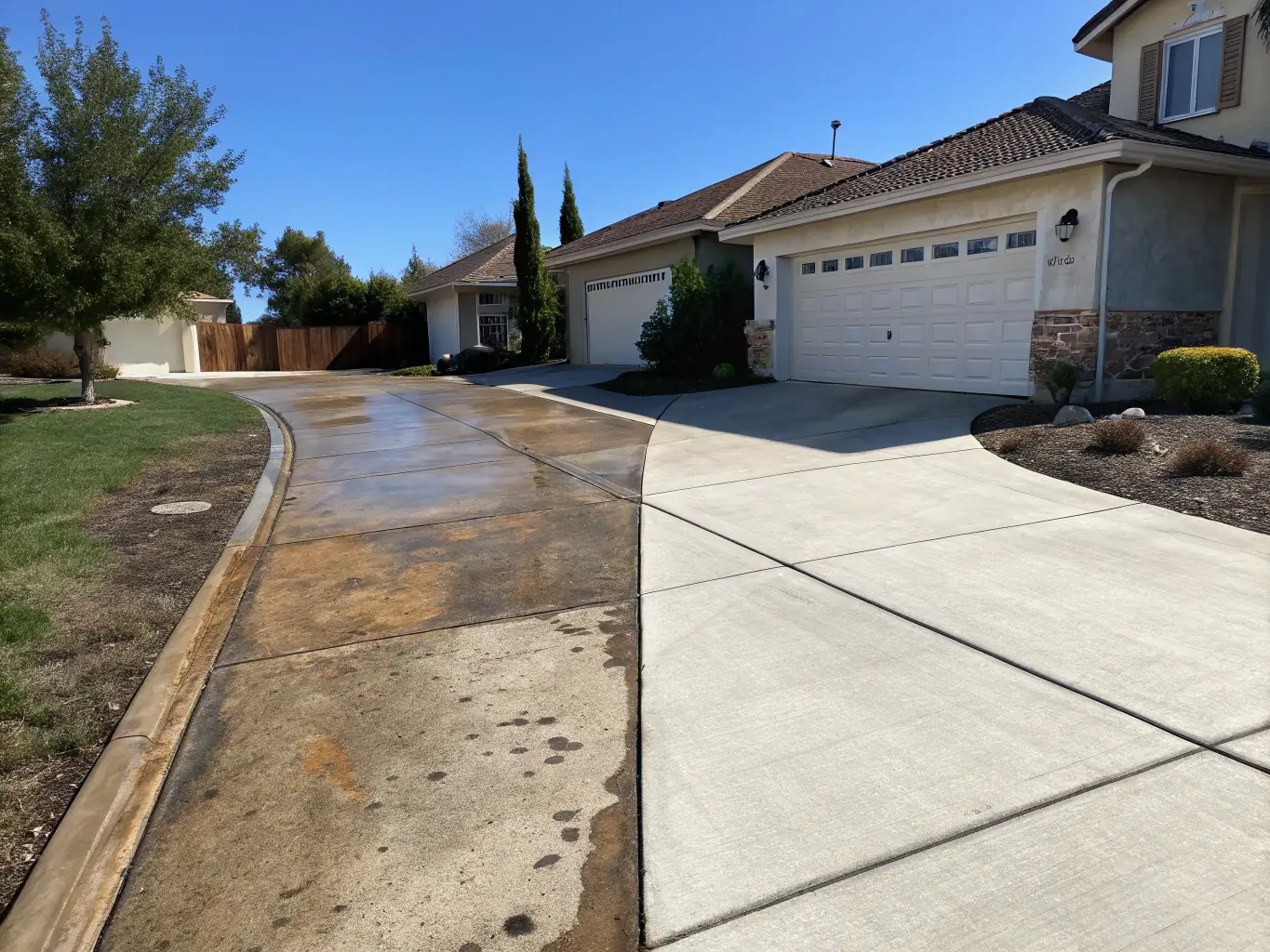 A before-and-after image of a driveway, clearly showing the removal of oil stains and grime through pressure washing. The after image should display a clean, well-maintained driveway surface.