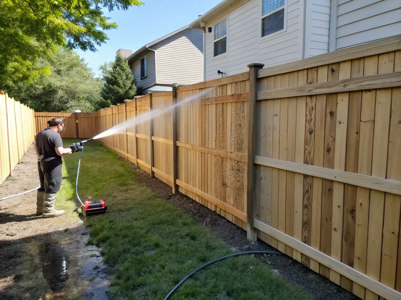 A freshly cleaned wooden fence, free of algae and weather stains, demonstrating the effectiveness of the fence cleaning service.